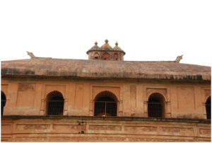 Top storey with arches and triple canopy flanked by animal motif, Rong-ghor, Sivasagar, 18th century CE