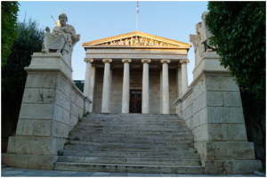 Academy of Athens with statues of Plato and Socrates on either side, Athens, Greece.