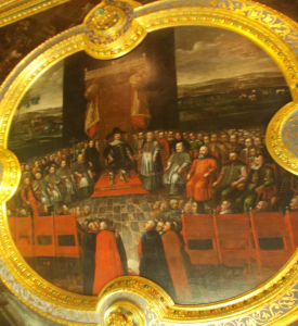 After restoration of the central painting of a plafond depicting the Judgment of the Arians, painted by artist Tommaso Dolabella, Cracow Bishop’s Palace, Kielce