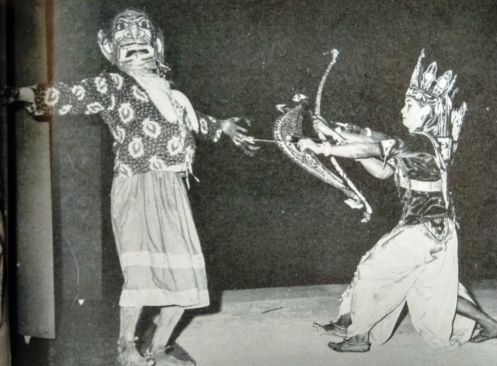 Rama and Lakshmana takes down a demoness in the play Rama -Vijaya enacted in the Kamalabari Satra, Majuli