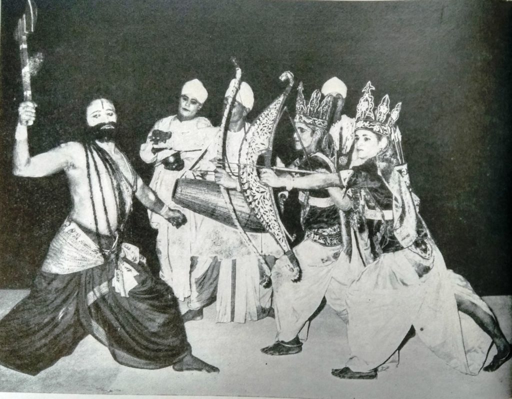 a scene from Ram-Vijaya showing the encounter of Rama and Lakshmana with Parasurama